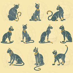 an image of cats in different poses on a beige background with blue and yellow colors