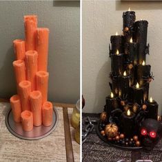 two pictures side by side one has candles and the other has fake pumpkins on it