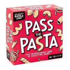 the box for pass the pasta game is red with white lettering and lots of toppings