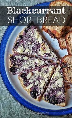 blueberry shortbread on a plate with the words, blackcurrant shortbread