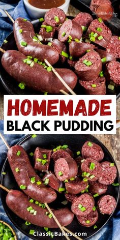 homemade black pudding with green onions and sausage on skewers