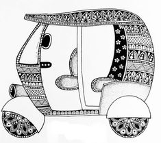 a black and white drawing of an old fashioned car with decorative designs on the side