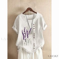 Lasaky - Relaxed Fit Linen Cotton Lavender Floral Shirt Womens Blouses Summer, Trendy Summer Fits, Summer Tee Shirts, Casual Tunics, Embroidery Top, 자수 디자인, Short Sleeve Tunic, Women Tunic Tops, Short Sleeve Pullover