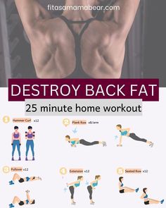 Close up of a woman's back and below are graphics of exercises. Workout For Moms, Plank Row, Back And Bicep Workout, Bicep Workout, Hammer Curls, Improve Your Posture, Back Fat, Biceps Workout