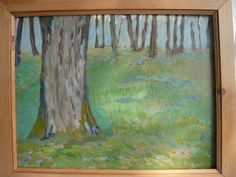 an oil painting of trees and grass in a wood frame