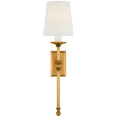 a gold wall light with a white shade on the top and bottom half of it