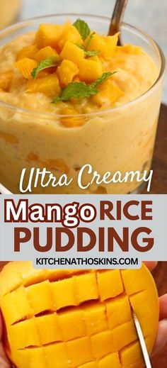 mango rice pudding in a glass bowl with a spoon on the side and text overlay that reads ultra creamy mango rice pudding