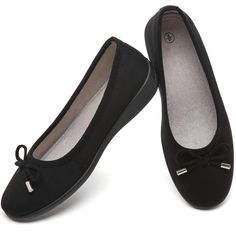 PRICES MAY VARY. Comfortable Foot Feeling: These ballet flats women are made of faux suede, soft material wraps your feet like a hug with a cushiony feel of support. Reposeful Outsole: With a one-piece lightweight sole and 1.18-inch heel support, these ballet flats shoes women have enough height to flatter your silhouette for a more elaborate look. Unique Design: These black ballet flats with a slightly round toe have bowknot with metal decoration, adds sparkle to the overall drab design and cat Dress Shoes Womens Flats, Green Shoes Women, Womens Dress Shoes, Black Flat Shoes, Dressy Casual Outfits, Comfy Flats, Black Flats Shoes, Black Ballet, Flat Dress Shoes