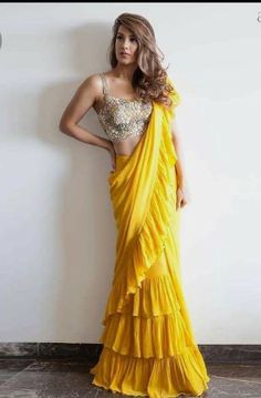 Frill/Ruffel Saree Design Collection| Latest Party wear Ruffel Sarees Designs | Design Universe Ruffel Sarees, Handpainted Dupattas, Frill Saree, Orang India, Mehndi Outfits, Saree Draping Styles, Ruffle Saree, Gaun Fashion