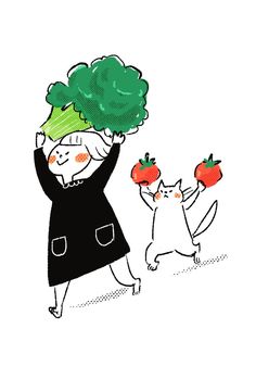 a drawing of a woman holding apples and a cat with an apple tree on her head