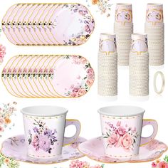 a set of pink flowers and gold trimmings with matching cups, saucers, and plates