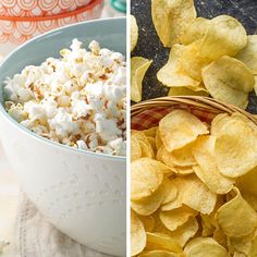 two pictures side by side, one with corn chips and the other with cheese chips