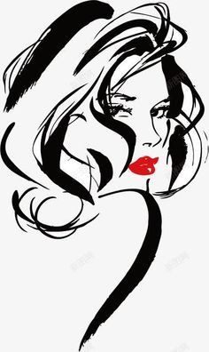 a black and white drawing of a woman's face with long hair, red lips and