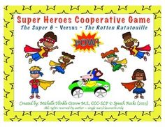 COOPERATIVE GAMES are perfect for children in emotional support and on the autistic spectrum who have a difficult time with winning and losing. Children work together as a "team"!

THE STORY:  Help The Super 6 get back their super power rings.  You better HURRY before The Rotten Ratatouille gets them all first.  If he gets all 6 of their rings, he will claim their superpowers and take over the city. 

HOW TO PLAY:  This is a cooperative game for one or more players.  Cut out and place the small Power Rings, Story Help, Tire Pictures, Cooperative Games, Face Down, Working With Children, Small Cards, Emotional Support, Super Heroes