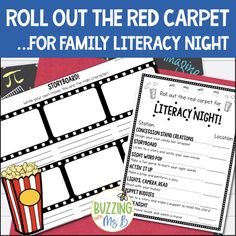 the red carpet for family library night with popcorn and movie tickets on it's side