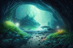 an underwater cave with rocks and plants on the ground, lit up by bright lights