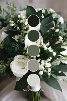 a bridal bouquet with white flowers and greenery in shades of green, gray, and white