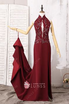 This special designed burgundy high neckline vintage formal dress features exquisite sequinned lace cut-out bodice, low back with straps and mermaid bottom with a hook train. A wonderful piece for your prom, pageant, etc. Burgundy Mermaid Dress, Vintage Formal Dress, Prom Dress With Train, Vintage Formal Dresses, Prom Dresses 2019, Prom Dresses For Sale, Piece Prom Dress