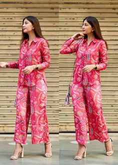 Pant Dress Designs, Cotton Fabric Dress Design, Crepe Fashion Outfit, Pattern For Cord Set, Georgette Co Ord Set Western, Crepe Cord Set, Coord Set From Saree, Pant Top Design, Coord Set Ideas