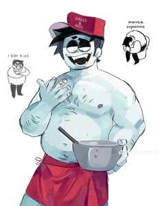 a drawing of a man wearing a red hat and holding a frying pan