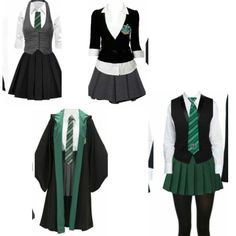 four different school uniforms are shown in this image, one is green and the other is black