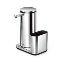 a stainless steel soap dispenser on a white background with the lid open