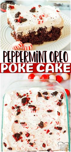 peppermin oreo poke cake with white frosting and candy canes