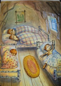 a drawing of two children sleeping in their beds