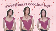 the woman is wearing a pink top and black pants with hearts on it's chest