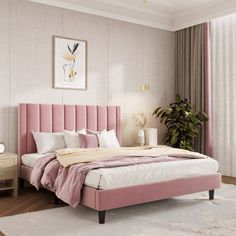 a bedroom with a pink bed and white rugs