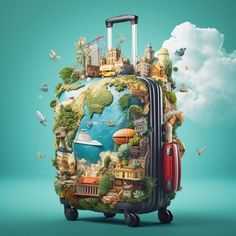 a piece of luggage with an image of the world on it