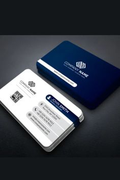 a business card with a blue and white color scheme