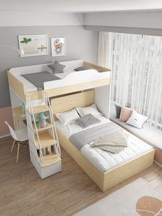 a bedroom with a bunk bed, desk and chair next to a window in the room