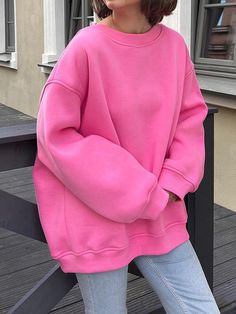 Long Sleeves Loose Solid Color Round-Neck Sweatshirt Tops COFFEE-L Thick Hoodies, Girls Streetwear, Oversize Pullover, Street Sweatshirt, Dropped Shoulder Sweatshirt, Mini Robes, Mode Casual, Loose Pullover, Sweatshirt Women