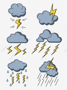 the weather icon set includes clouds, lightnings and rain