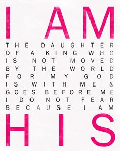 the word i am his is written in pink on a white background with black letters