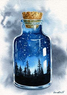 a painting of a bottle with trees in it and a sky full of stars above