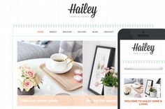 the homepage for haleley is displayed on a phone and tablet device, with flowers in vases next to it