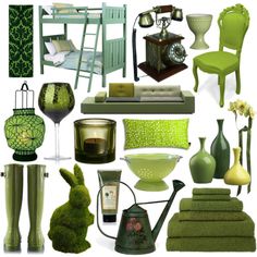 a collage of green and white items including candles, vases, towels, lamps