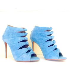 Light Blue Suede Heels By Aquazzura Ankle Bootie Style With Back Zipper Fastening Peep Toe Knotted Front Detail Gold Ornamentation Leather Upper Leather Sole Size 38.5 Turquoise Shoes, Blue Suede Heels, Aquazzura Shoes, Ankle Bootie, Peep Toe Heels, Blue Suede, Suede Heels, Ankle Booties, Bootie