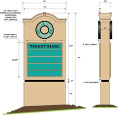 the front and side of a tan sign with blue lettering that says, tenant panel