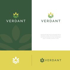 the logo for verdant is shown in three different colors and font styles, including green