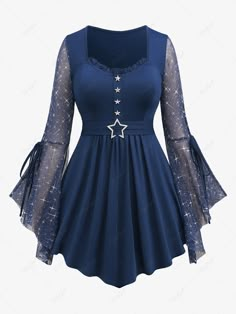 Plus Size Sparkling Glitter Mesh Tie Flare Sleeves Pentagram Buckle Ruched Ruffles Top [38% OFF] | Rosegal Rosegal Plus Size, Ruffles Top, T Shirt 2023, Flared Sleeves Top, Lace Dress Vintage, Flare Sleeves, Sleeves Top, Plus Size Maxi Dresses, Crop Top Blouse