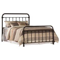 a bed with a metal frame and headboard is shown against a white background,