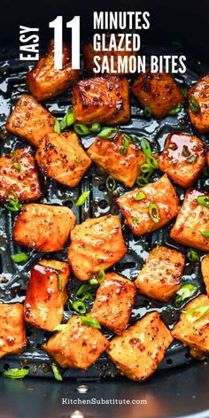 chicken is being cooked in a skillet with the words, 11 minutes glazed salmon bites