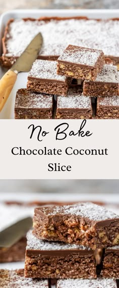 no bake chocolate coconut slice is stacked on top of each other and ready to be eaten