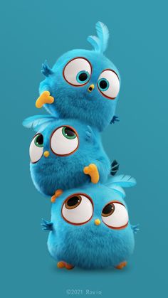 three blue birds with big eyes are standing in the shape of an number 3 on a blue background