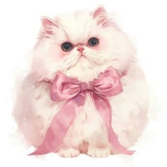 a white cat with a pink bow around it's neck and big blue eyes