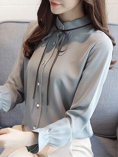 Ladies Shirts Formal, Bow Tie Shirt, Ladies Chiffon Shirts, Stand Collar Shirt, Women Tie, Chiffon Long Sleeve, Chiffon Shirt, Ladies Tops Fashion, Fashion Tops