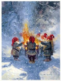 three children standing around a fire in the snow